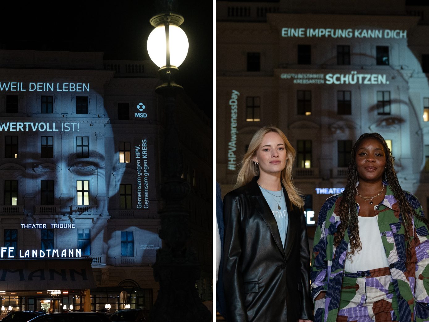 Beleuchtungsaktion anlässlich des HPV-Awareness-Tages setzt ein Zeichen in Wien. Beleuchtungsaktion anlässlich des HPV-Awareness-Tages setzt ein Zeichen in Wien.