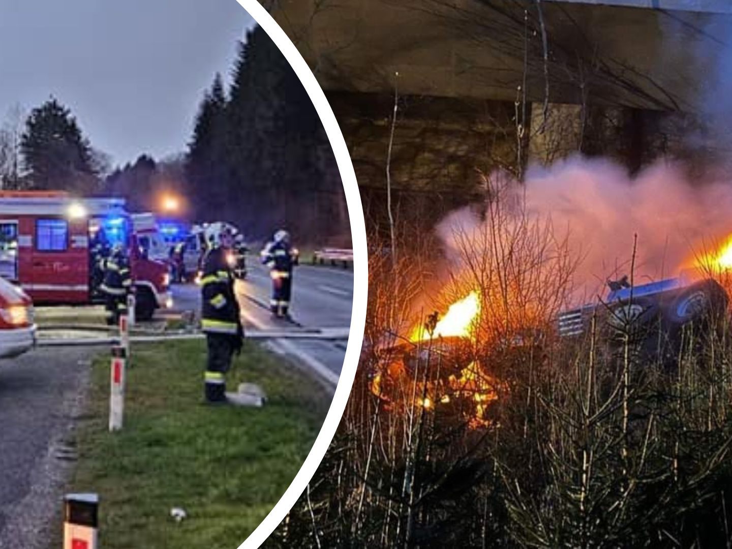 Ein Autokran stürzte bei Villach von der A10 und fing Feuer.