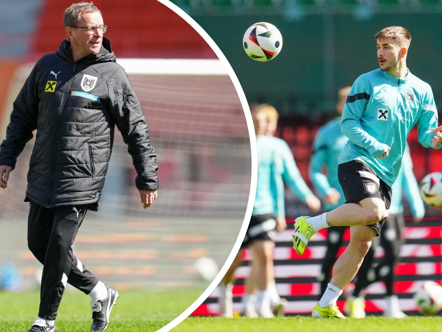 ÖFB-Teamchef Rangnick (l.) beim Abschlusstraining im Wiener Prater. ÖFB-Teamchef Rangnick (l.) beim Abschlusstraining im Wiener Prater.