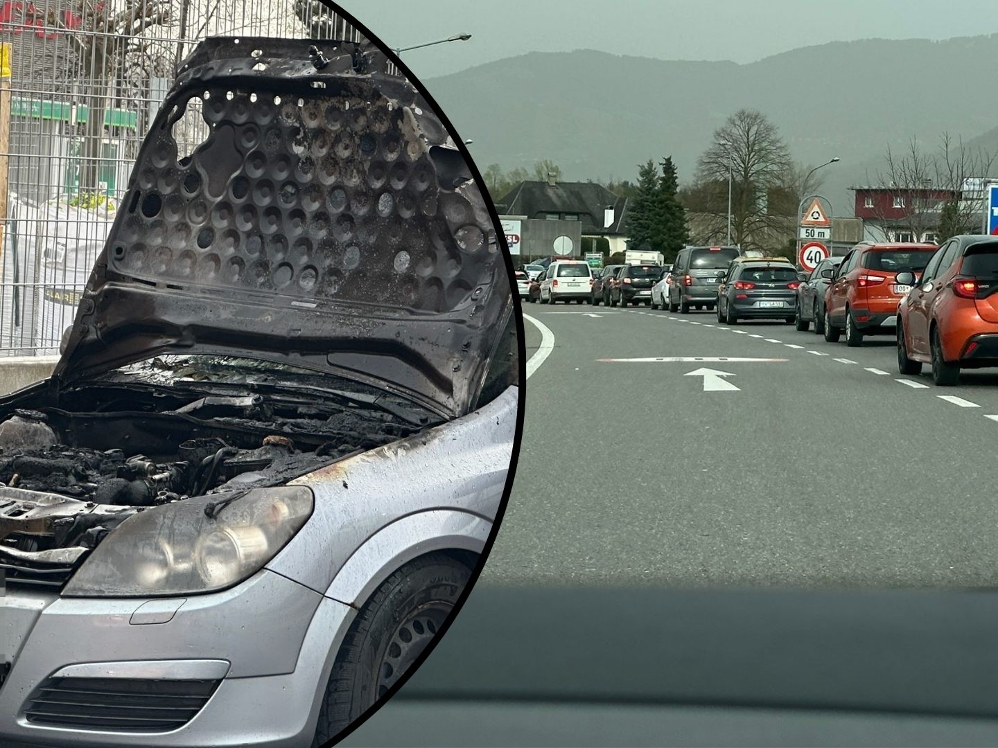 Der Pkw-Brand verursachte Stau.