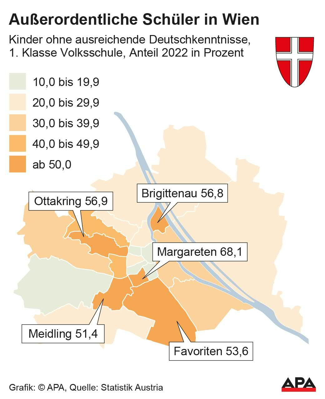 Kinder ohne ausreichende Deutschkenntnisse, 1. Klasse Volksschule, Anteil 2022/23 in Prozent, Quelle: Statistik Austria; Die Auslieferung der APA-Grafiken als Embed-Code ist ausschlie§lich Kunden mit einer gltigen Vereinbarung fr Grafik-Pauschalierung vorbehalten. Dabei inkludiert sind automatisierte Schrift- und Farbanpassungen an die jeweilige CI. Fr weitere Informationen wenden Sie sich bitte an unser Grafik-Team unter grafik@apa.at. GRAFIK 0574-24, […]
