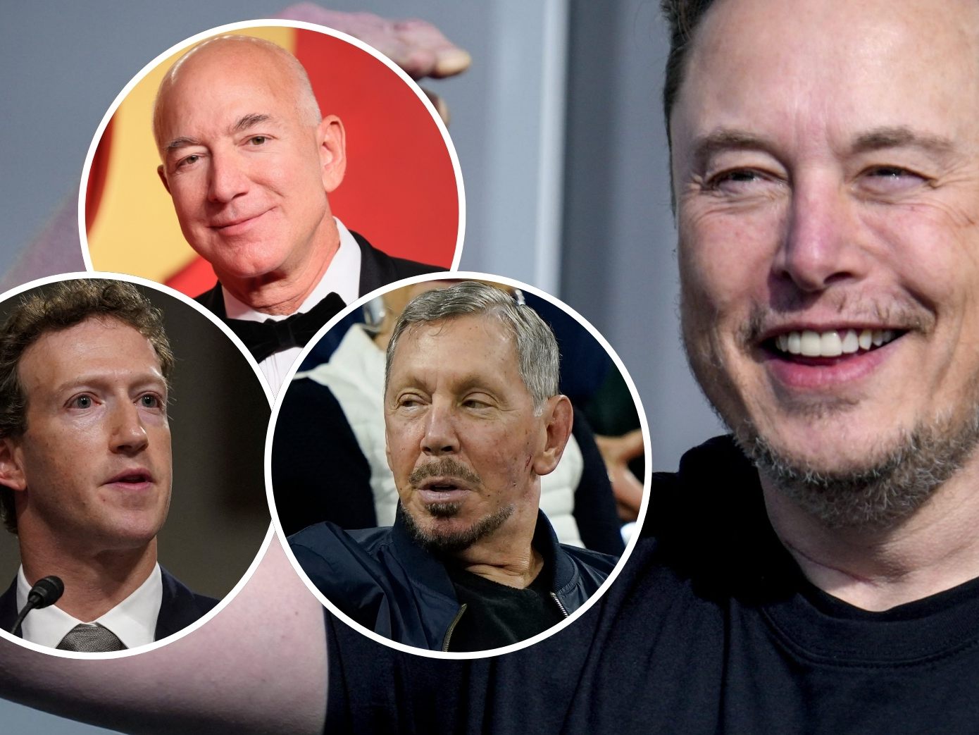 Tesla-Chef und SpaceX-Gründer Elon Musk (r.), Jeff Bezos (klein oben), Mark Zuckerberg (klein links) und Larry Ellison (klein rechts). Tesla-Chef und SpaceX-Gründer Elon Musk (r.), Jeff Bezos (klein oben), Mark Zuckerberg (klein links) und Larry Ellison (klein rechts).