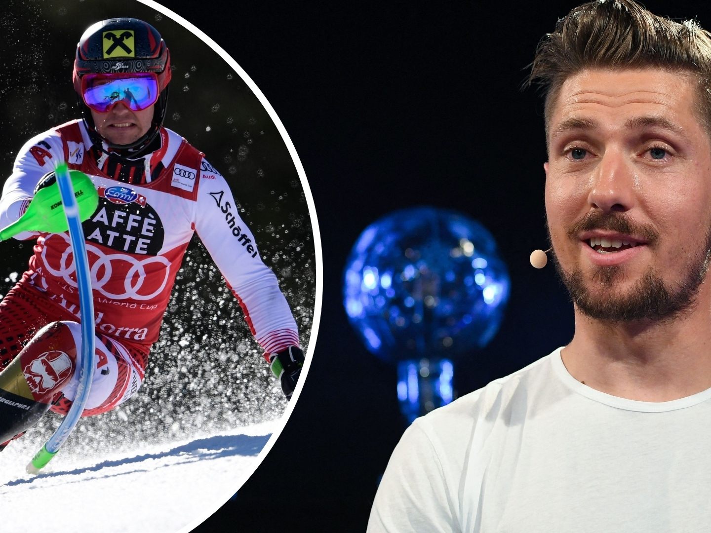 Marcel Hirscher beim WM Slalom 2019 (l.) und einem TV-Interview im Herbst 2019 (r.).