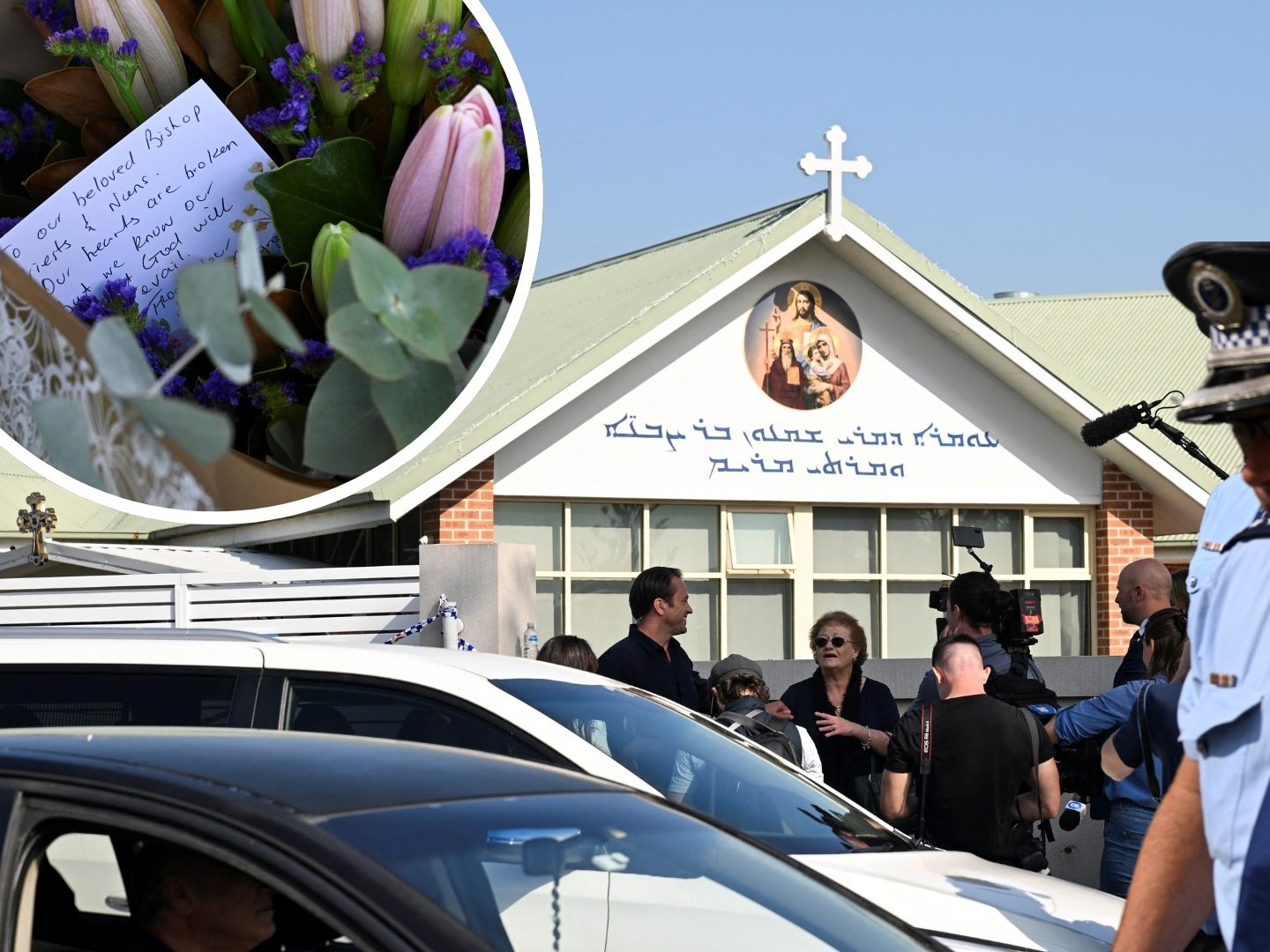 Ein Blumenstrauß mit Genesungswünschen an den Bischof der Kirche