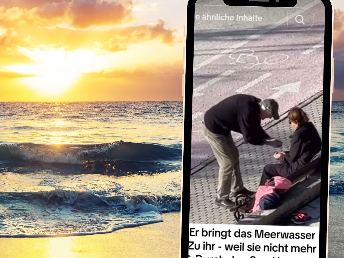 Die wohl süßeste Geste am Meer: Mann bringt das Wasser zu seiner Frau. Die wohl süßeste Geste am Meer: Mann bringt das Wasser zu seiner Frau.