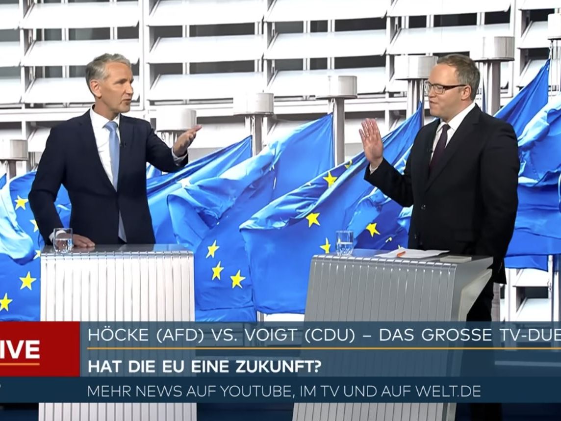 Höcke gegen Voigt im kontroversen TV-Duell. Höcke gegen Voigt im kontroversen TV-Duell.
