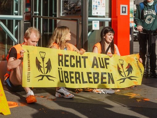 Klimaaktivisten verschütteten in Wien orangene Farbe.