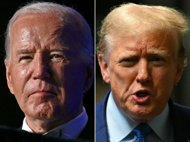 Diese Bildkombination zeigt US-Präsident Joe Biden und Ex-Präsident Donald Trump bei öffentlichen Auftritten im April und Mai 2024. Biden forderte Trump zu zwei TV-Debatten heraus, die Trump annahm. 