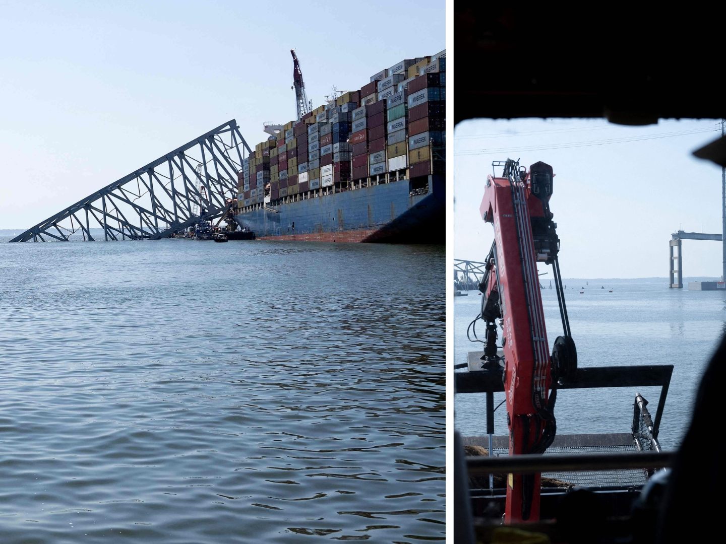 Die havarierte "Dali" liegt weiterhin an der Unfallstelle, soll jedoch in den kommenden Tagen in den Hafen von Baltimore geführt werden. Die havarierte "Dali" liegt weiterhin an der Unfallstelle, soll jedoch in den kommenden Tagen in den Hafen von Baltimore geführt werden.