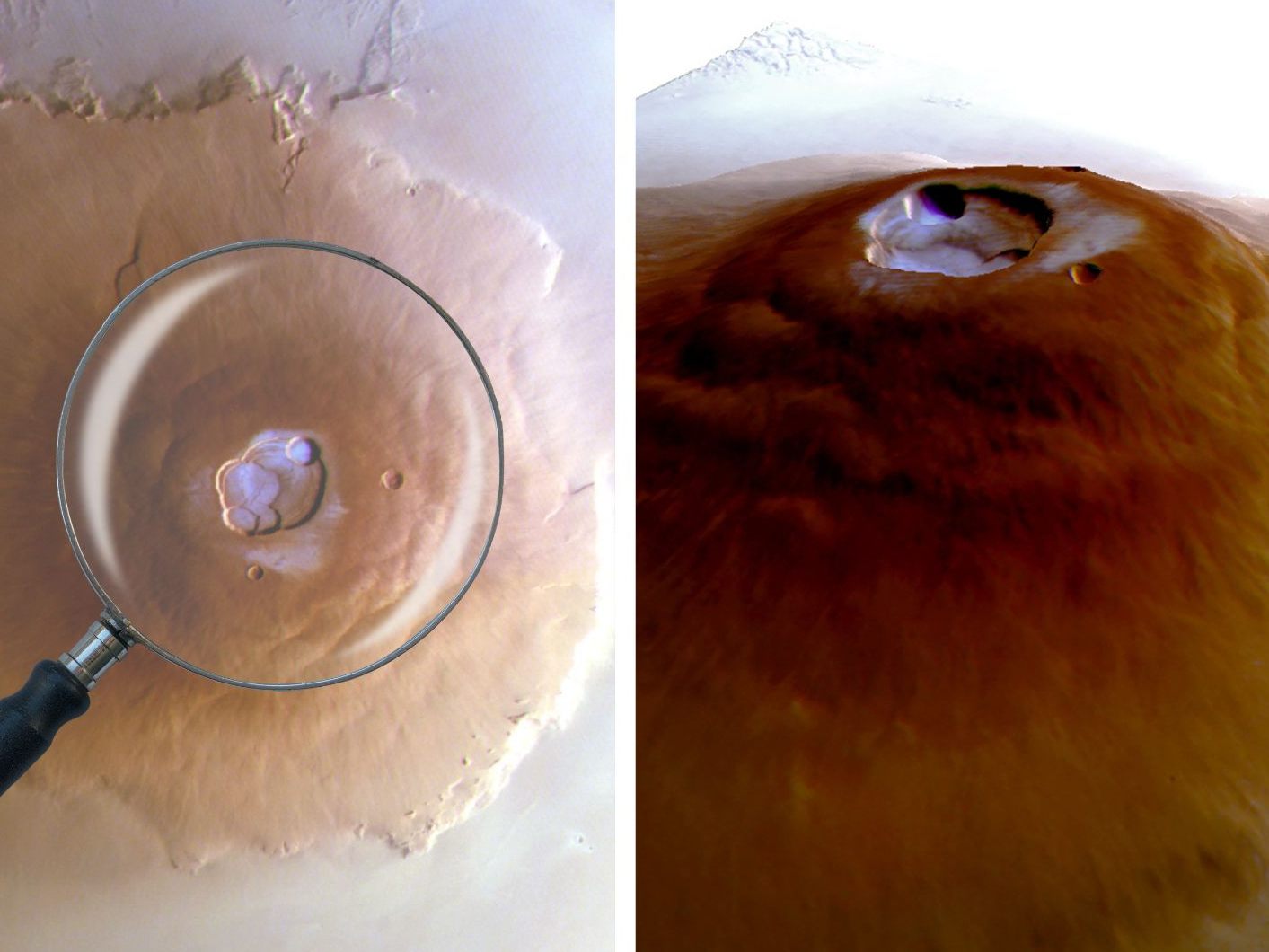 Auf den Vulkanen des Mars bilden sich dünne Reifablagerungen, die in der Sonne wieder verdampfen. Auf den Vulkanen des Mars bilden sich dünne Reifablagerungen, die in der Sonne wieder verdampfen.