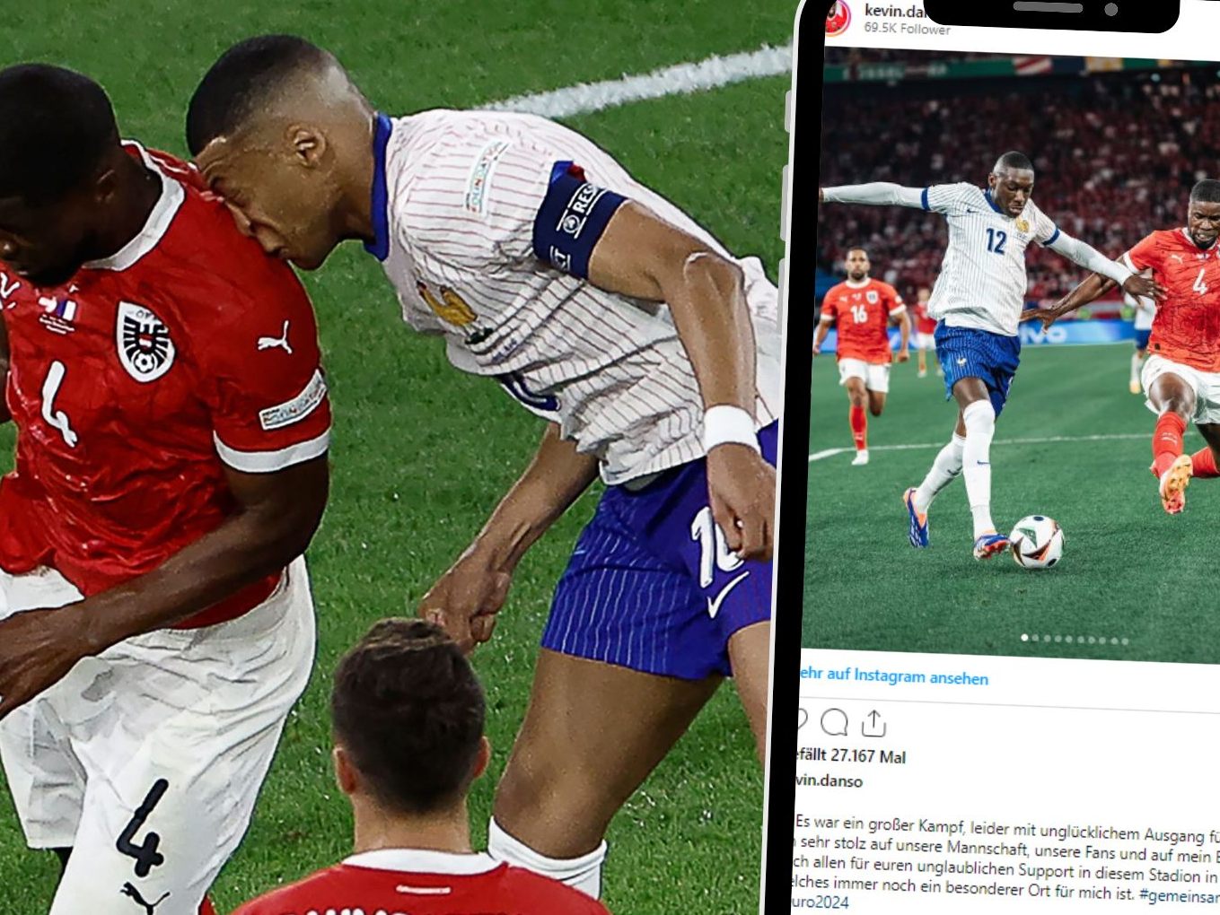 Am Montagabend zog sich der französische Fußballstar Kylian Mbappé (25) im Luftduell mit dem österreichischen Verteidiger Kevin Danso einen Nasenbeinbruch zu. Am Montagabend zog sich der französische Fußballstar Kylian Mbappé (25) im Luftduell mit dem österreichischen Verteidiger Kevin Danso einen Nasenbeinbruch zu.
