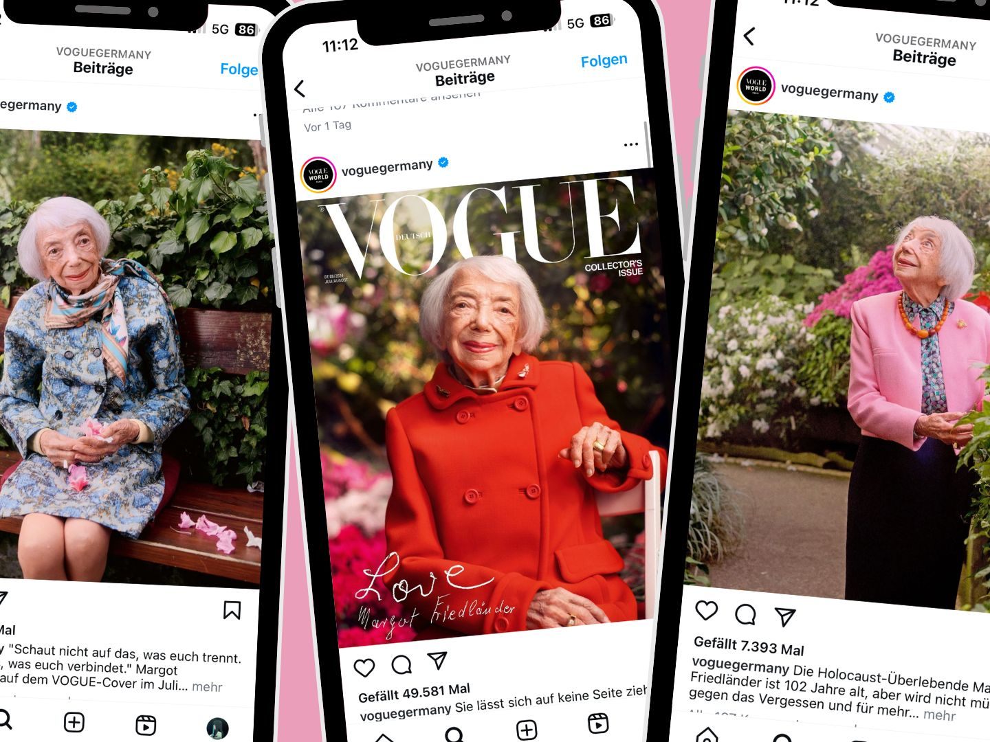 Die deutsche „Vogue“ zeigt in ihrer Sommerausgabe die 102-jährige Holocaustüberlebende Margot Friedländer auf dem Titelbild. Die deutsche „Vogue“ zeigt in ihrer Sommerausgabe die 102-jährige Holocaustüberlebende Margot Friedländer auf dem Titelbild.