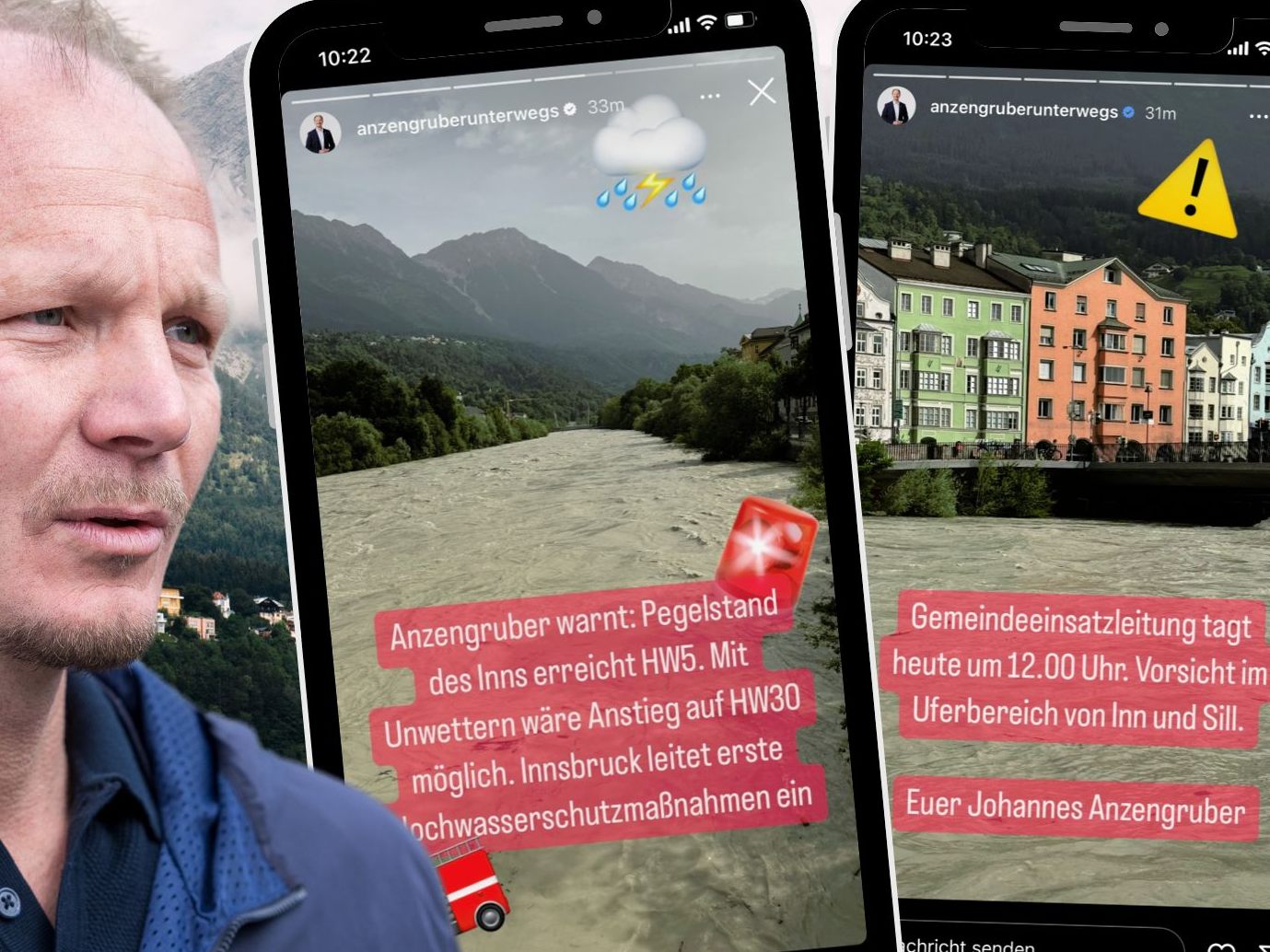 Angesichts eines bereits Hochwasser führenden Inn und erwarteten schweren Unwettern Freitagnachmittag hat die Tiroler Landeshauptstadt Innsbruck Hochwasserschutzmaßnahmen eingeleitet. Angesichts eines bereits Hochwasser führenden Inn und erwarteten schweren Unwettern Freitagnachmittag hat die Tiroler Landeshauptstadt Innsbruck Hochwasserschutzmaßnahmen eingeleitet.