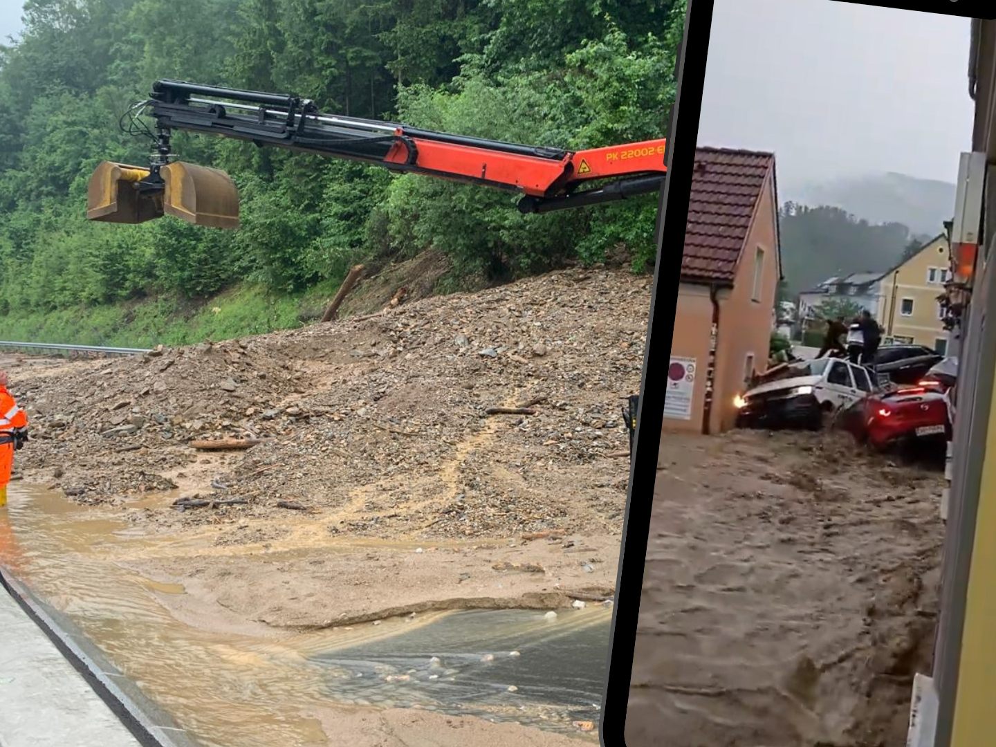Beide Richtungsfahrbahnen auf A9 waren nicht passierbar (großes Bild), in Deutschfeistritz riss eine Sturzflut zahlreiche autos mit (kleines Bild).