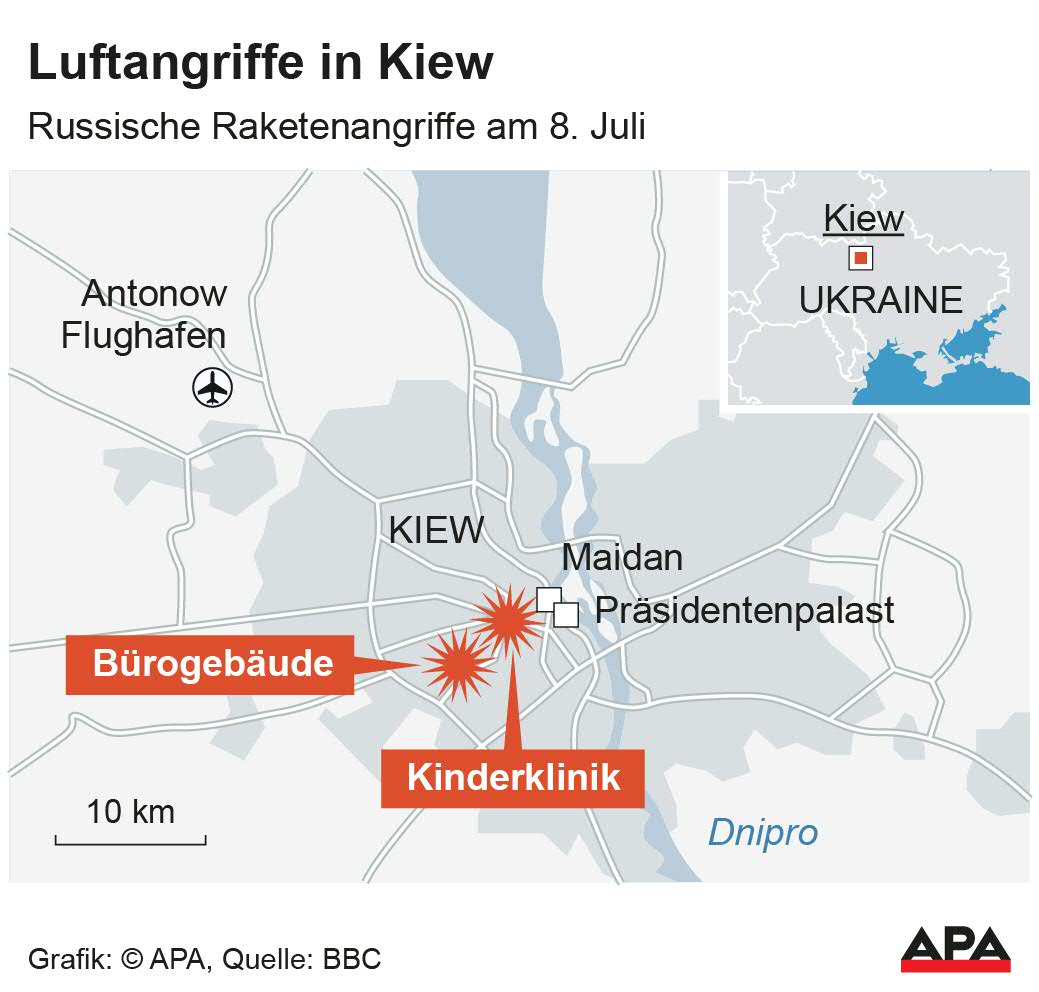 Russische Raketenangriffe am 8. Juli; Karte Lokalisierung Kinderklinik und Brogebude; Quelle: BBC; Die Auslieferung der APA-Grafiken als Embed-Code ist ausschlie§lich Kunden mit einer gltigen Vereinbarung fr Grafik-Pauschalierung vorbehalten. Dabei inkludiert sind automatisierte Schrift- und Farbanpassungen an die jeweilige CI. Fr weitere Informationen wenden Sie sich bitte an unser Grafik-Team unter grafik@apa.at. GRAFIK 0934-24, 88 x […]