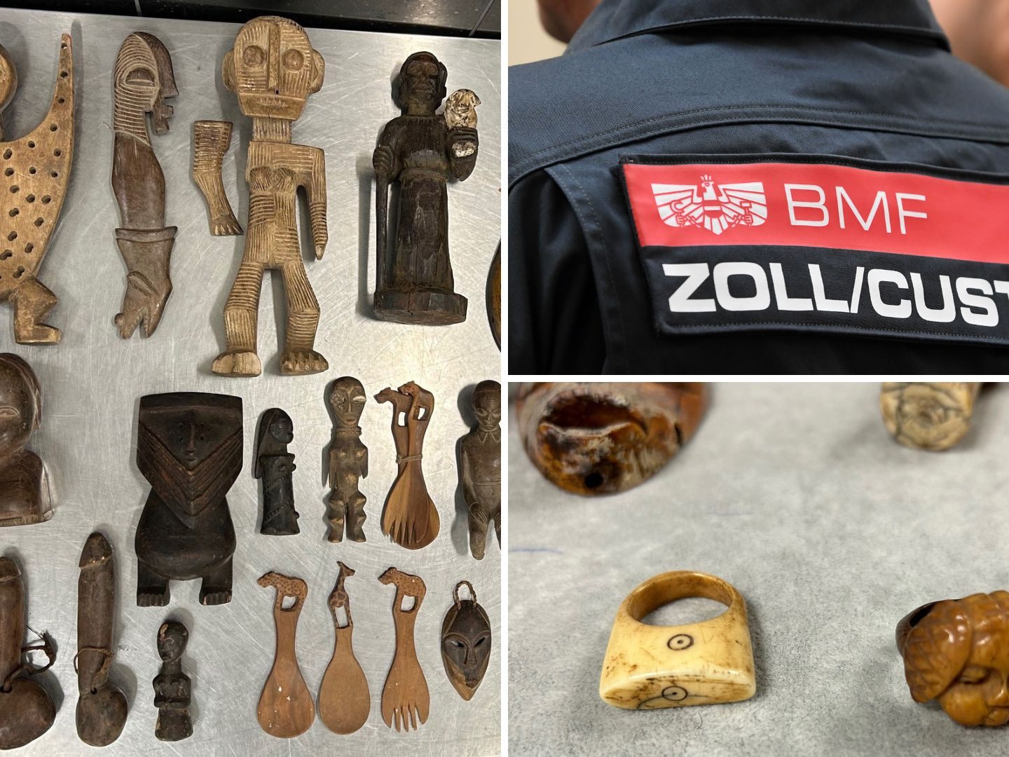 Die Zollbeamten stellen Holzschnitzereien, Metallfiguren, Schwerter und einen Diamanten sicher.