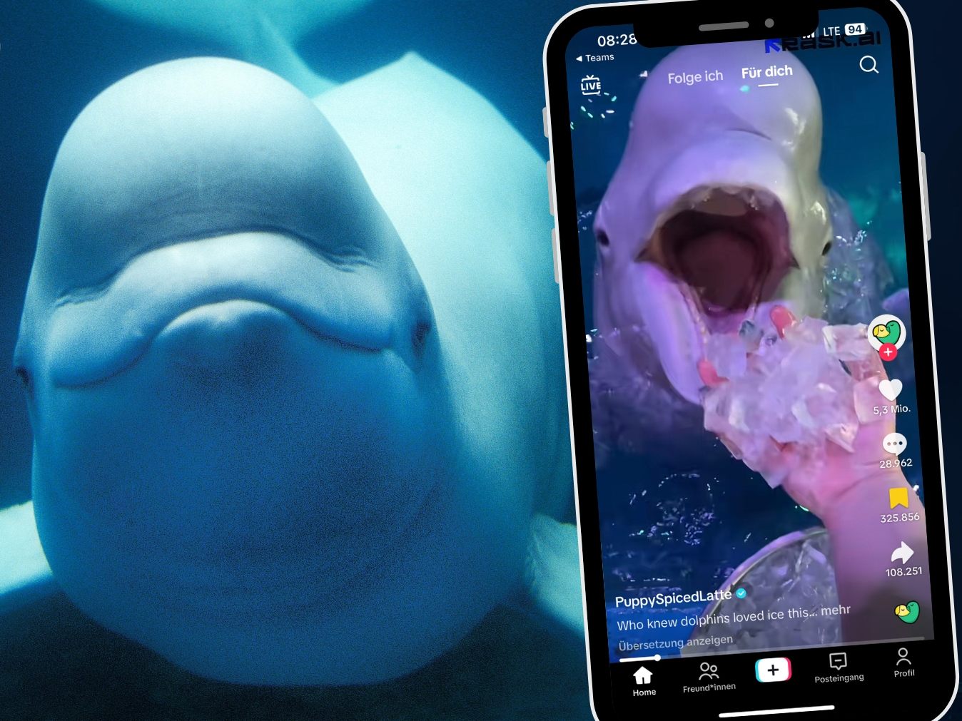 Ein Beluga-Wal freut sich auf seine ungewöhnliche Delikatesse