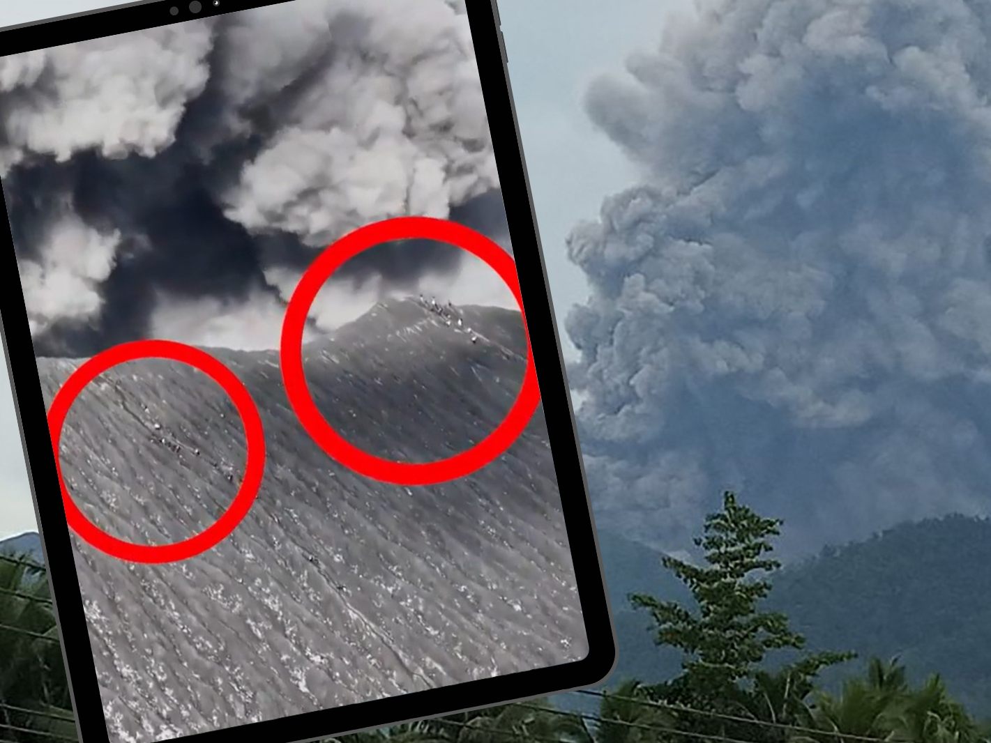 LEbensgefährliche Aktion von unbekannten Bergsteigern (kleines Bild, rot markiert) und der Vulkan Dukono bei einer Eruption am 21. November 2023. LEbensgefährliche Aktion von unbekannten Bergsteigern (kleines Bild, rot markiert) und der Vulkan Dukono bei einer Eruption am 21. November 2023.
