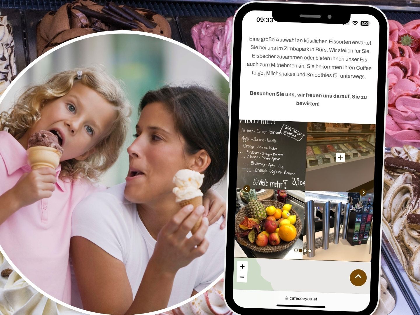 Café See You bietet im Zimbapark in Bürs eine breite Palette an Eisspezialitäten, Smoothies, Shakes und mehr. Café See You bietet im Zimbapark in Bürs eine breite Palette an Eisspezialitäten, Smoothies, Shakes und mehr.