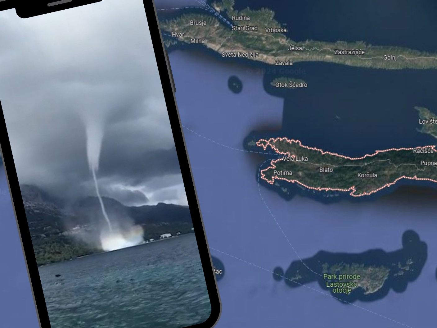 Die Wasserhose bildete sich vor der kroatischen Insel Korčula. Die Wasserhose bildete sich vor der kroatischen Insel Korčula.