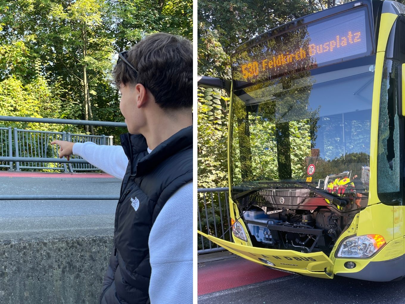 Jegors und Tian haben gesehen, wie der Bus ins Geländer krachte. Jegors und Tian haben gesehen, wie der Bus ins Geländer krachte.