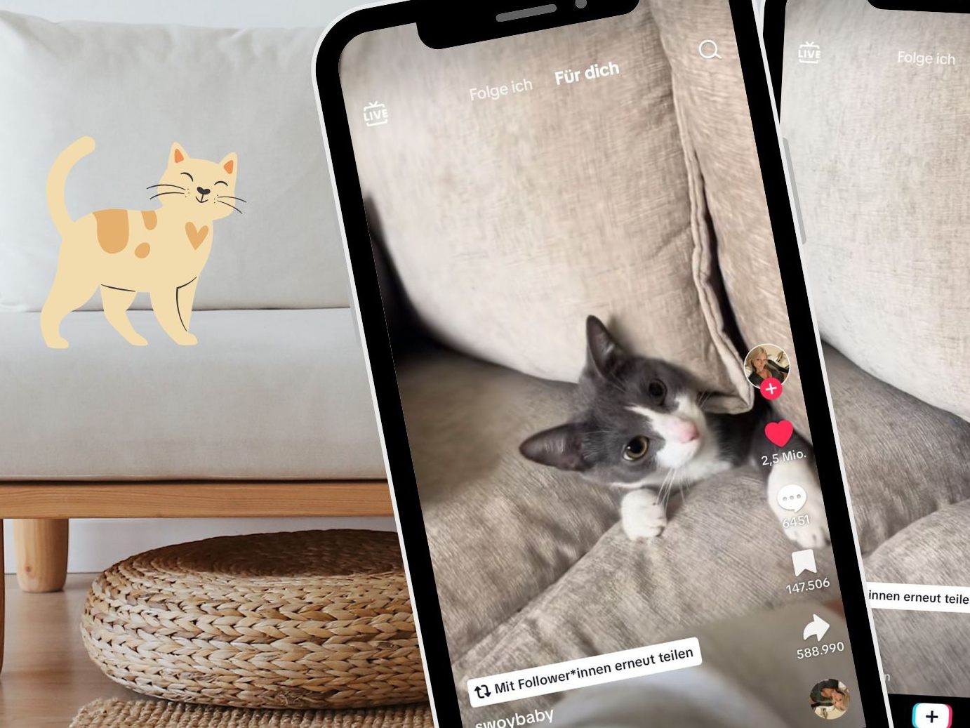 In einem TikTok-Video mit 13,4 Millionen Aufrufen quetscht sich eine Katze durch einen Couchspalt und verschwindet. In einem TikTok-Video mit 13,4 Millionen Aufrufen quetscht sich eine Katze durch einen Couchspalt und verschwindet.