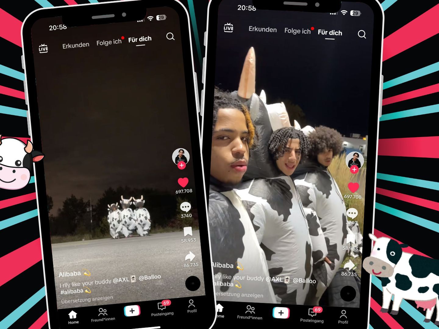 Drei Männer tanzen in aufblasbaren Kuhkostümen und erreichen 5,5 Millionen Aufrufe auf TikTok. Drei Männer tanzen in aufblasbaren Kuhkostümen und erreichen 5,5 Millionen Aufrufe auf TikTok.