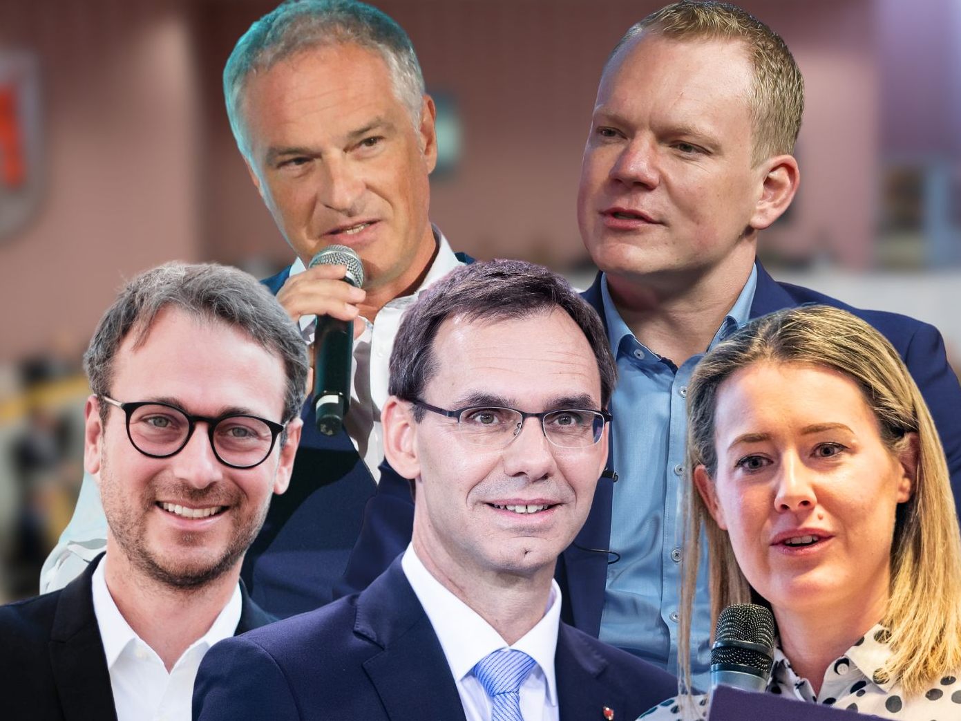 Daniel Zadra (Grüne), Mario Leiter (SPÖ), LH Markus Wallner (ÖVP), Christof Bitschi (FPÖ) und Claudia Gamon (NEOS).