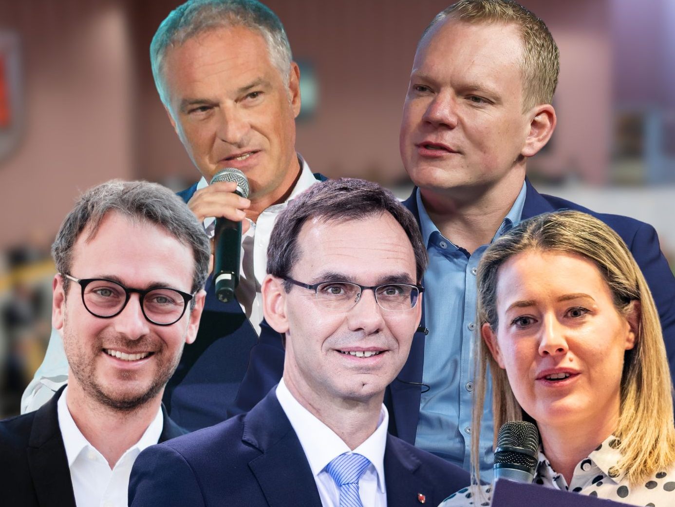 Daniel Zadra (Grüne), Mario Leiter (SPÖ), LH Markus Wallner (ÖVP), Christof Bitschi (FPÖ) und Claudia Gamon (NEOS).