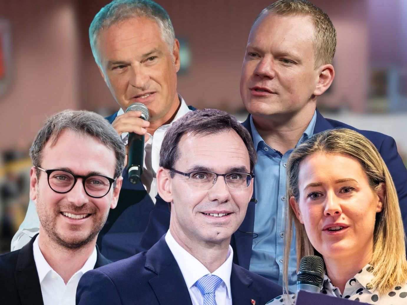 Daniel Zadra (Grüne), Mario Leiter (SPÖ), LH Markus Wallner (ÖVP), Christof Bitschi (FPÖ) und Claudia Gamon (NEOS).