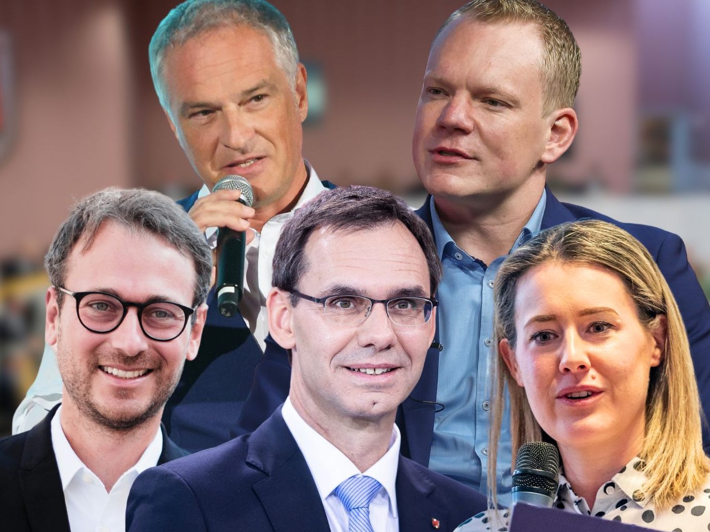 Daniel Zadra (Grüne), Mario Leiter (SPÖ), LH Markus Wallner (ÖVP), Christof Bitschi (FPÖ) und Claudia Gamon (NEOS).