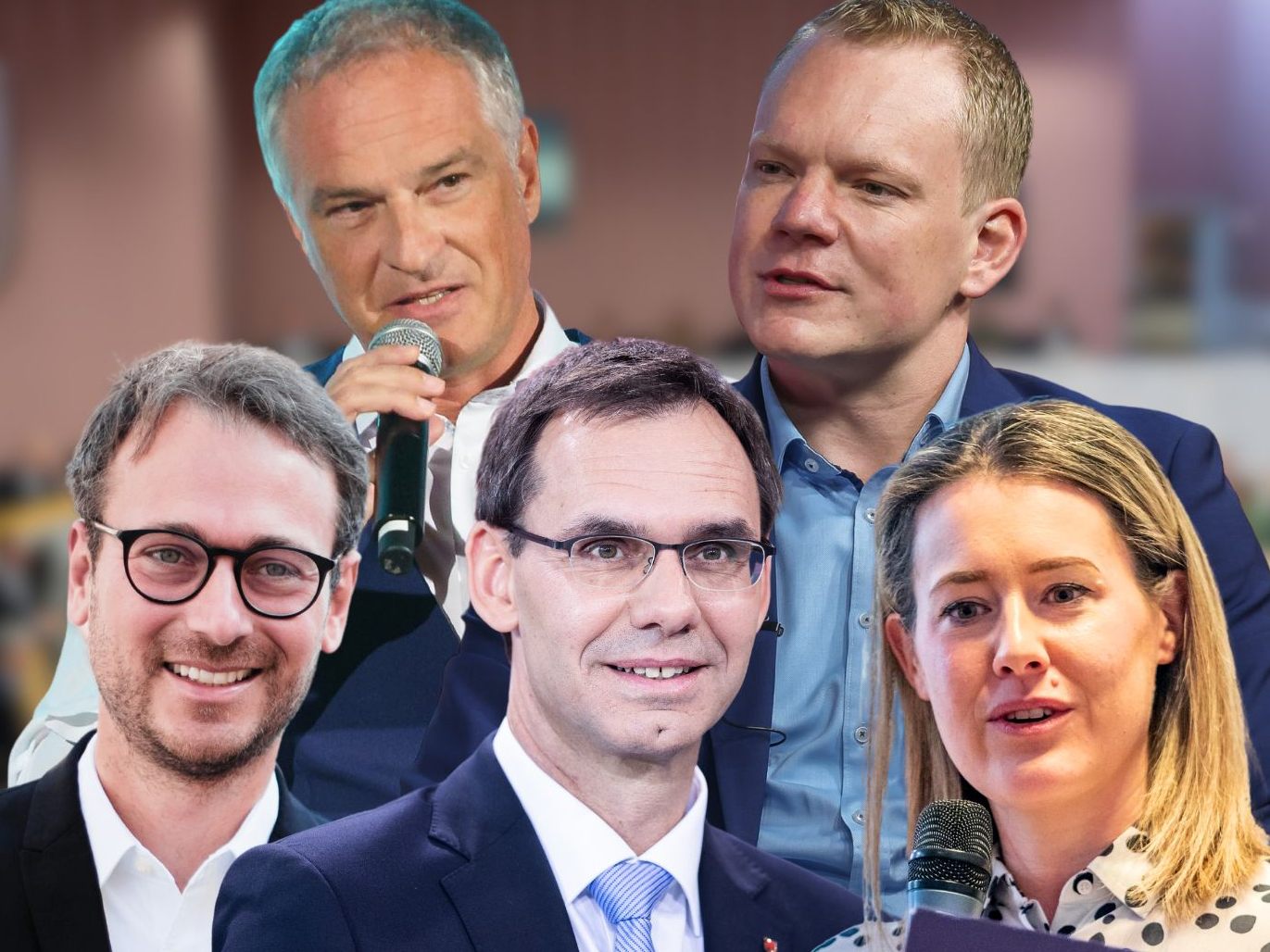 Daniel Zadra (Grüne), Mario Leiter (SPÖ), LH Markus Wallner (ÖVP), Christof Bitschi (FPÖ) und Claudia Gamon (NEOS).