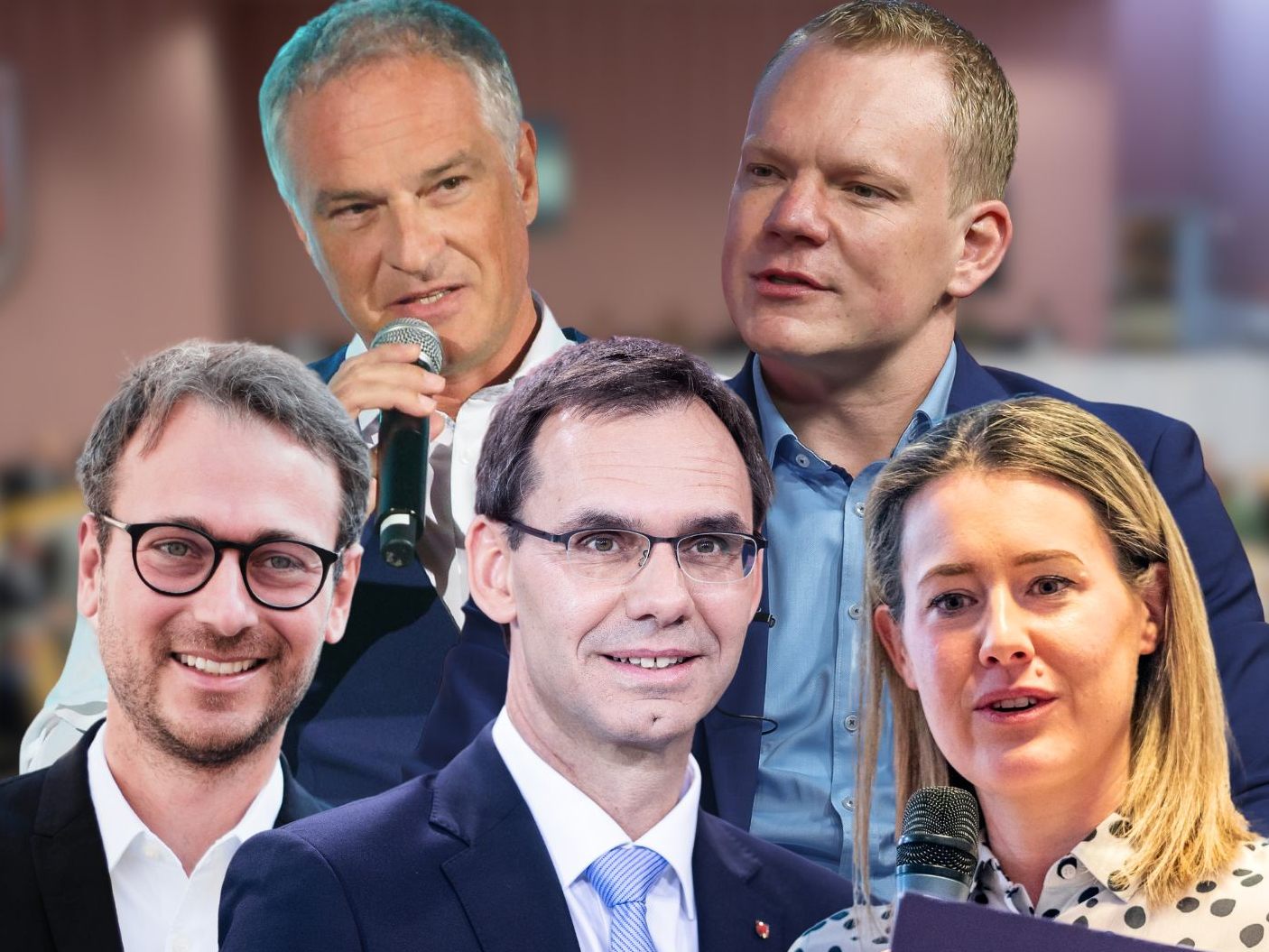 Daniel Zadra (Grüne), Mario Leiter (SPÖ), LH Markus Wallner (ÖVP), Christof Bitschi (FPÖ) und Claudia Gamon (NEOS). Daniel Zadra (Grüne), Mario Leiter (SPÖ), LH Markus Wallner (ÖVP), Christof Bitschi (FPÖ) und Claudia Gamon (NEOS).
