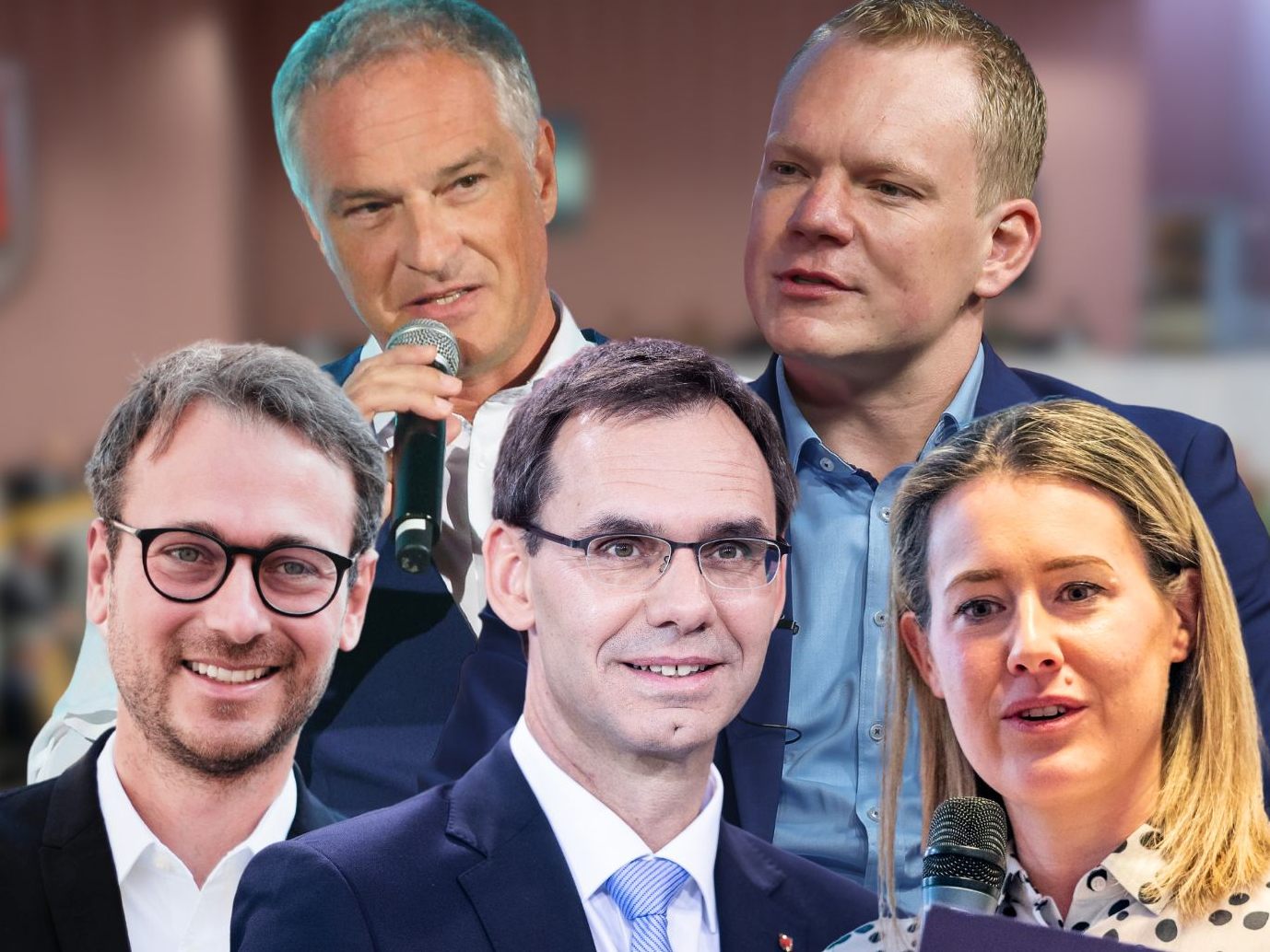Daniel Zadra (Grüne), Mario Leiter (SPÖ), LH Markus Wallner (ÖVP), Christof Bitschi (FPÖ) und Claudia Gamon (NEOS).