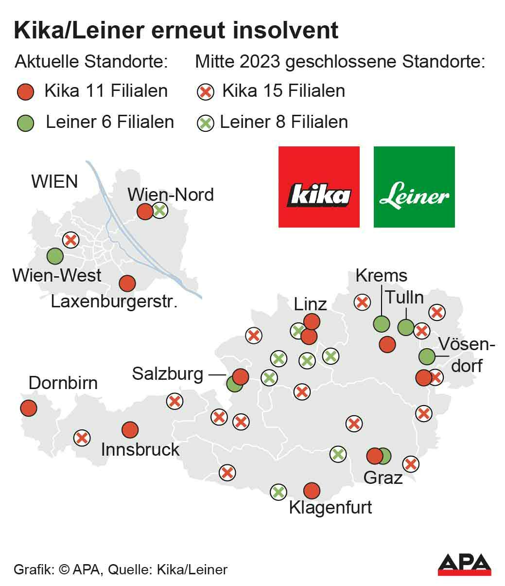Karte: Aktuelle Standorte, Mitte 2023 geschlossene Standorte; Quelle: Kika/Leiner – Die Auslieferung der APA-Grafiken als Embed-Code ist ausschlie§lich Kunden mit einer gltigen Vereinbarung fr Grafik-Pauschalierung vorbehalten. Dabei inkludiert sind automatisierte Schrift- und Farbanpassungen an die jeweilige CI. Fr weitere Informationen wenden Sie sich bitte an unser Grafik-Team unter grafik@apa.at. GRAFIK 1547-24, 88 x 102 mmm