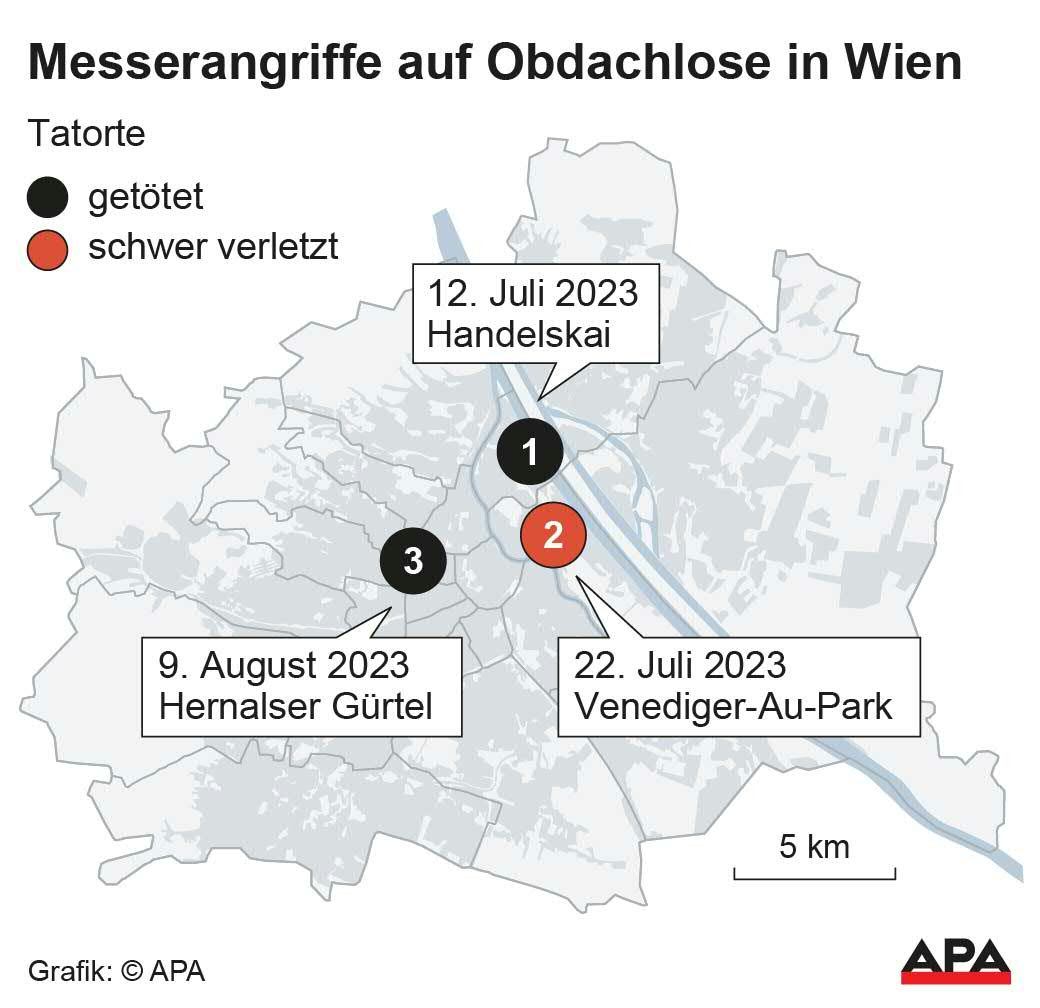 Karte Wien, Tatorte; Die Auslieferung der APA-Grafiken als Embed-Code ist ausschlie§lich Kunden mit einer gltigen Vereinbarung fr Grafik-Pauschalierung vorbehalten. Dabei inkludiert sind automatisierte Schrift- und Farbanpassungen an die jeweilige CI. Fr weitere Informationen wenden Sie sich bitte an unser Grafik-Team unter grafik@apa.at. GRAFIK 1562-24, 88 x 85 mm