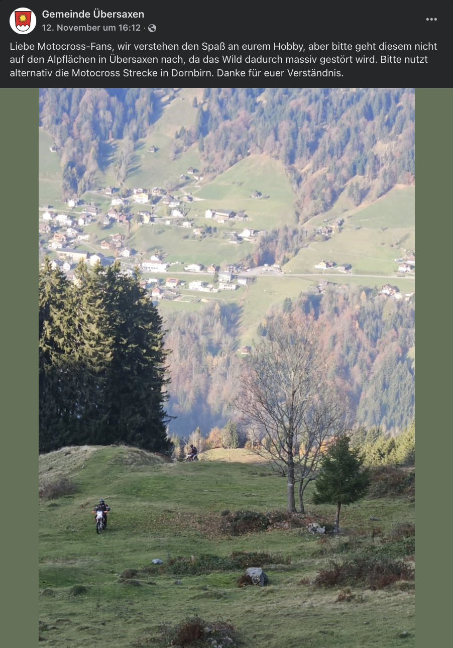 Die Gemeinde Übersaxen hat sich mit einem Aufruf an Motocross-Fahrer gewandt. Die Gemeinde Übersaxen hat sich mit einem Aufruf an Motocross-Fahrer gewandt.