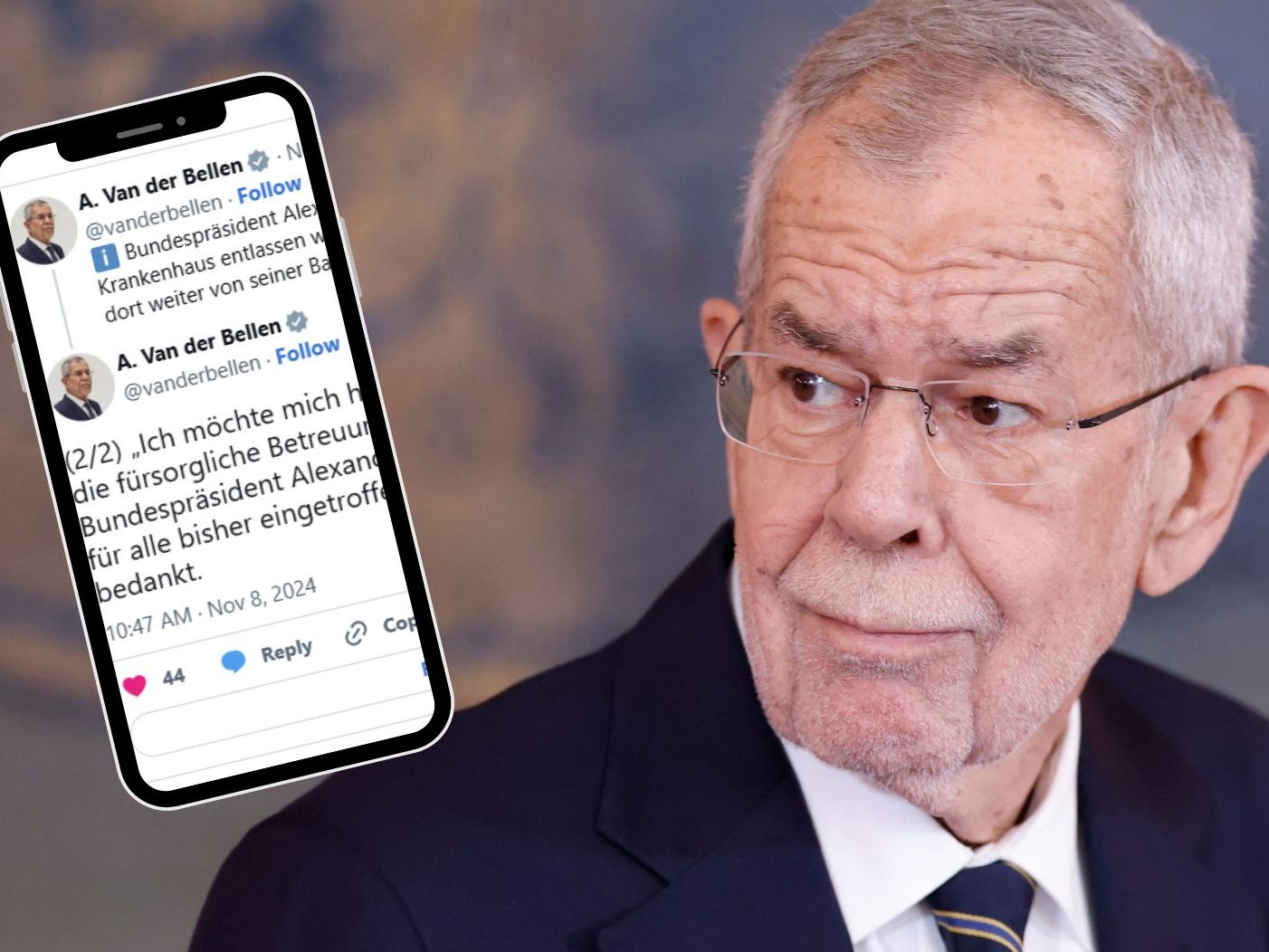 Der Bundespräsident bedankt sich auf "X" für die Genesungswünsche. Der Bundespräsident bedankt sich auf "X" für die Genesungswünsche.