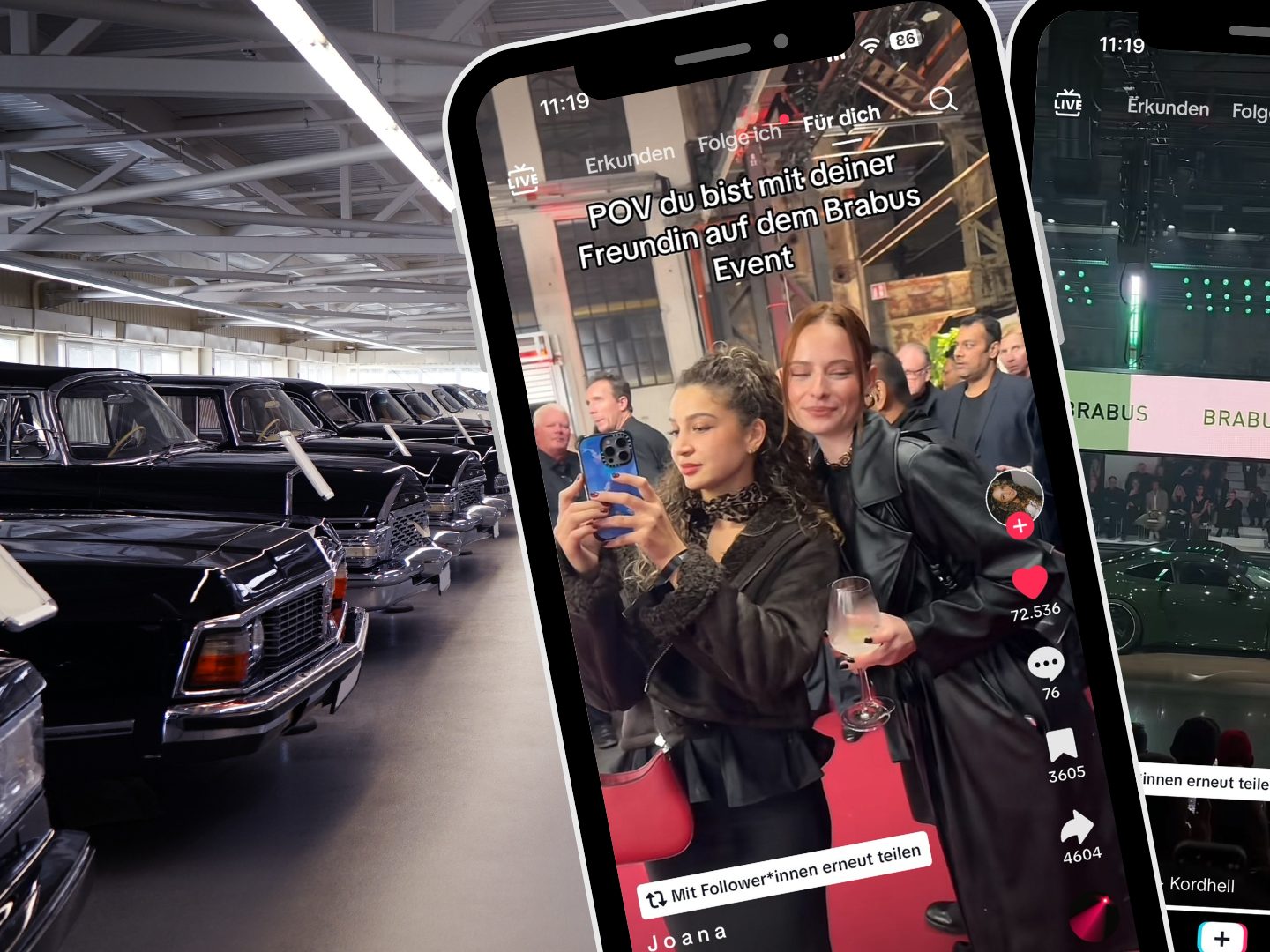 Zwei Damen besuchen die Brabus-Show und teilen auf TikTok Einblicke in die Luxuswelt der Automobilveredelung und die beeindruckenden Modelle von Brabus.
