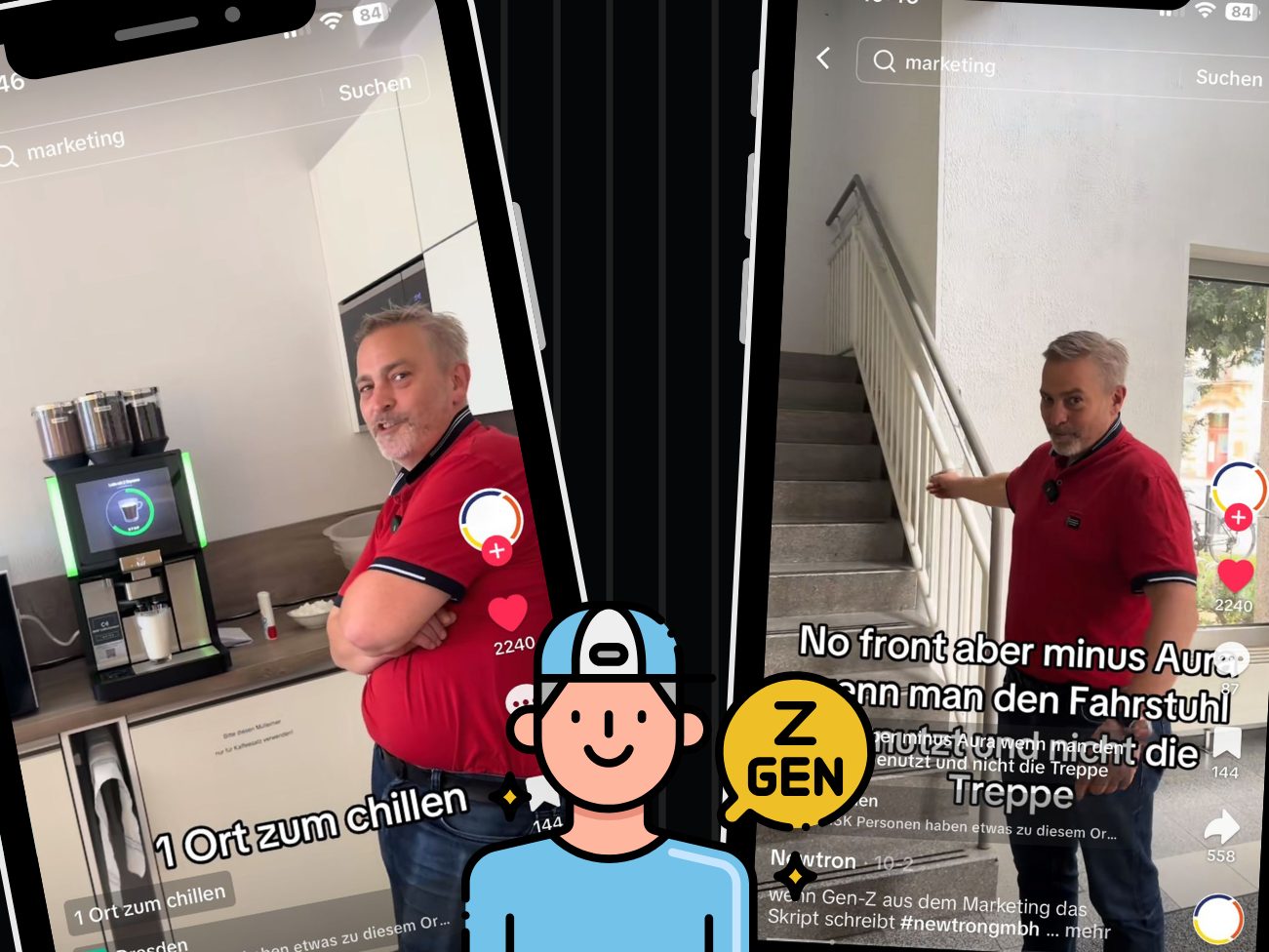 Ein TikTok-Video zeigt eine „Office Tour à la Gen Z“ mit jugendlichem Slang wie „chillig“ und „Minus Aura“. Ein TikTok-Video zeigt eine „Office Tour à la Gen Z“ mit jugendlichem Slang wie „chillig“ und „Minus Aura“.