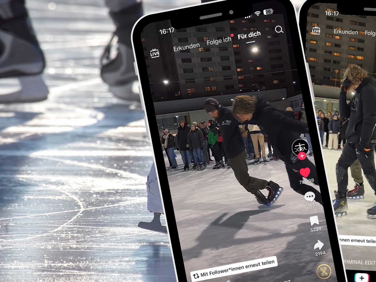 Zwei junge Männer haben auf TikTok mit ihrem Moonwalk-Tanz auf dem Eis für Begeisterung gesorgt. Zwei junge Männer haben auf TikTok mit ihrem Moonwalk-Tanz auf dem Eis für Begeisterung gesorgt.