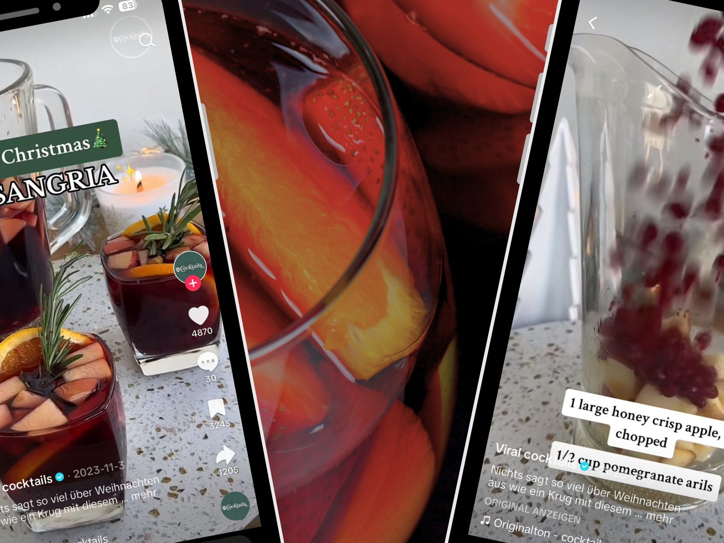 Ein TikTok-Video zeigt, wie mit Rotwein, Brandy, winterlichen Früchten und Gewürzen ein festlicher Weihnachtssangria zubereitet wird. Ein TikTok-Video zeigt, wie mit Rotwein, Brandy, winterlichen Früchten und Gewürzen ein festlicher Weihnachtssangria zubereitet wird.