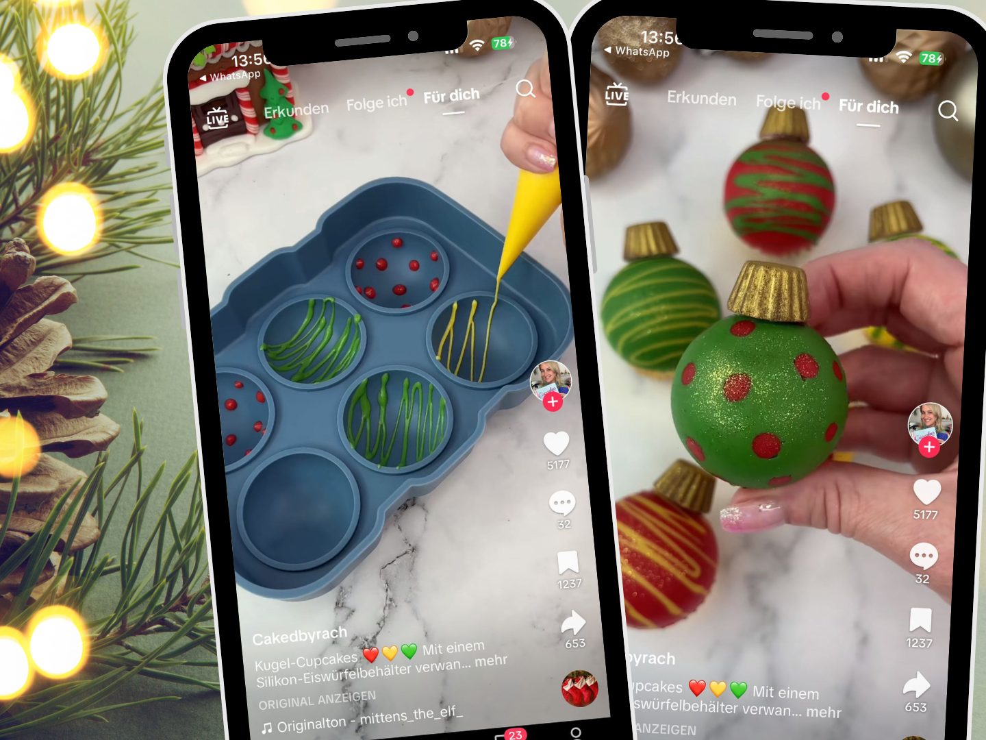 Ein TikTok-Video zeigt, wie mithilfe einer Silikon-Eiskugelform runde Cupcakes gebacken und dekoriert werden, sodass sie wie Weihnachtskugeln aussehen. Ein TikTok-Video zeigt, wie mithilfe einer Silikon-Eiskugelform runde Cupcakes gebacken und dekoriert werden, sodass sie wie Weihnachtskugeln aussehen.