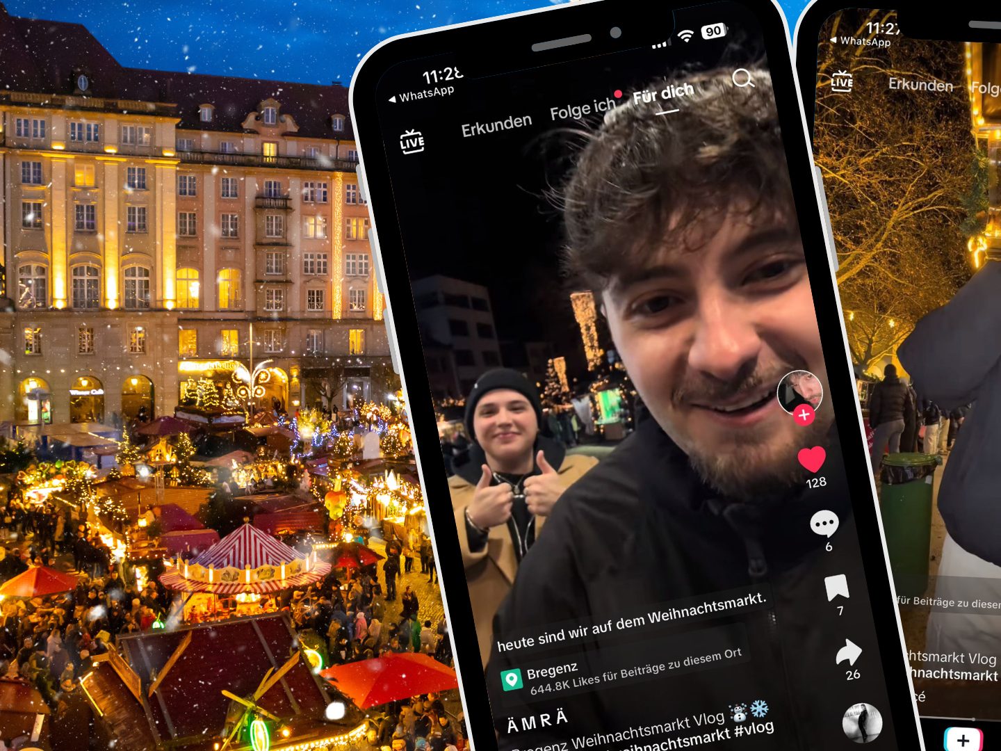 Ein TikTok-Video zeigt einen Taste Test auf dem Weihnachtsmarkt in Bregenz, bei dem Glühwein, Maroni und eine Schoko-Banane in weißer Schokolade getestet werden.