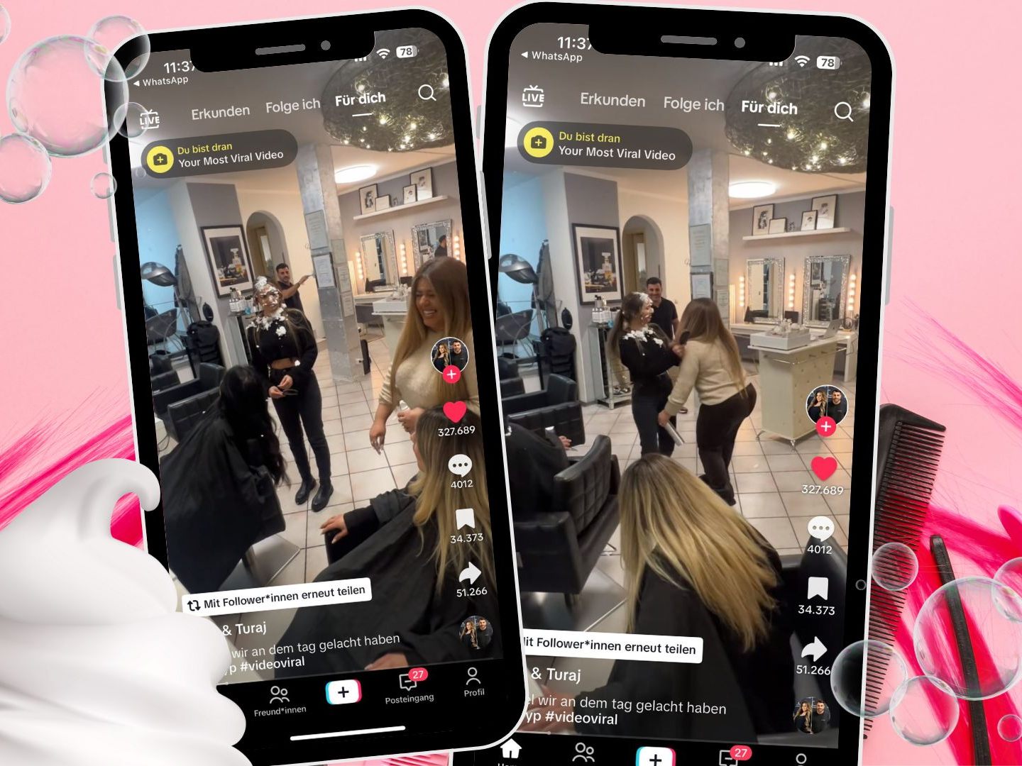 Ein TikTok-Video des Accounts tthairlounge zeigt eine humorvolle Szene im Friseursalon, bei der eine Kundin durch eine unerwartete Aktion des Friseurs überrascht wird. Ein TikTok-Video des Accounts tthairlounge zeigt eine humorvolle Szene im Friseursalon, bei der eine Kundin durch eine unerwartete Aktion des Friseurs überrascht wird.