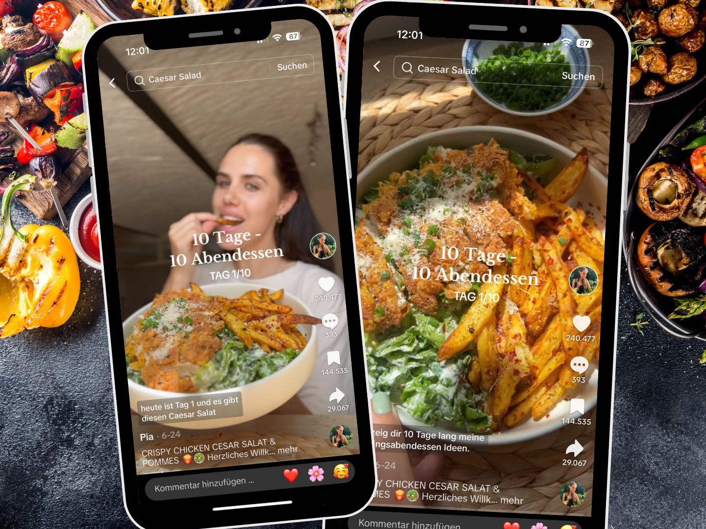 Ein TikTok-Video zeigt ein Rezept für Caesar-Salat mit knusprigem Hähnchen und hausgemachten Pommes – eine kreative Kombination aus Klassikern. Ein TikTok-Video zeigt ein Rezept für Caesar-Salat mit knusprigem Hähnchen und hausgemachten Pommes – eine kreative Kombination aus Klassikern.