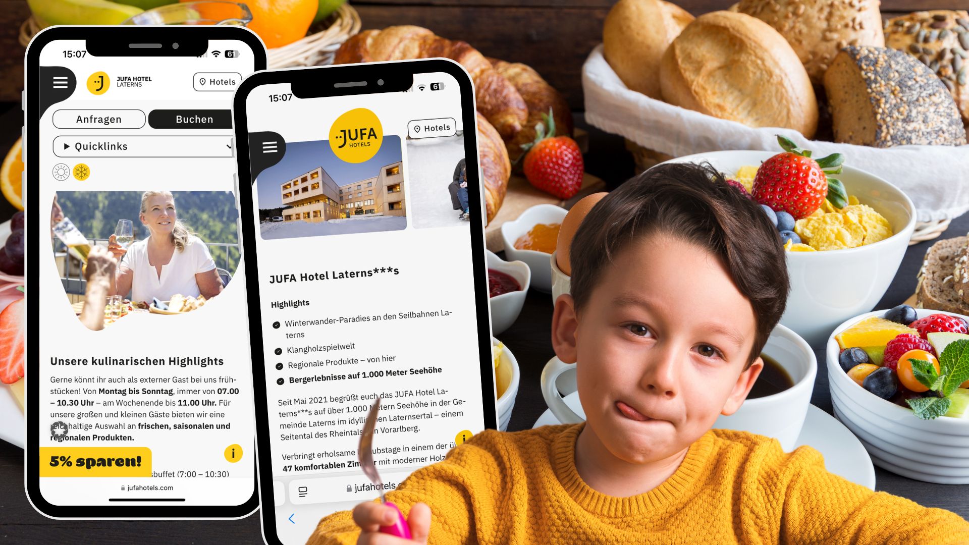 Seit Mai 2021 begrüßt euch das JUFA Hotel Laterns***s auf über 1.000 Metern Seehöhe in der Gemeinde Laterns. Seit Mai 2021 begrüßt euch das JUFA Hotel Laterns***s auf über 1.000 Metern Seehöhe in der Gemeinde Laterns.