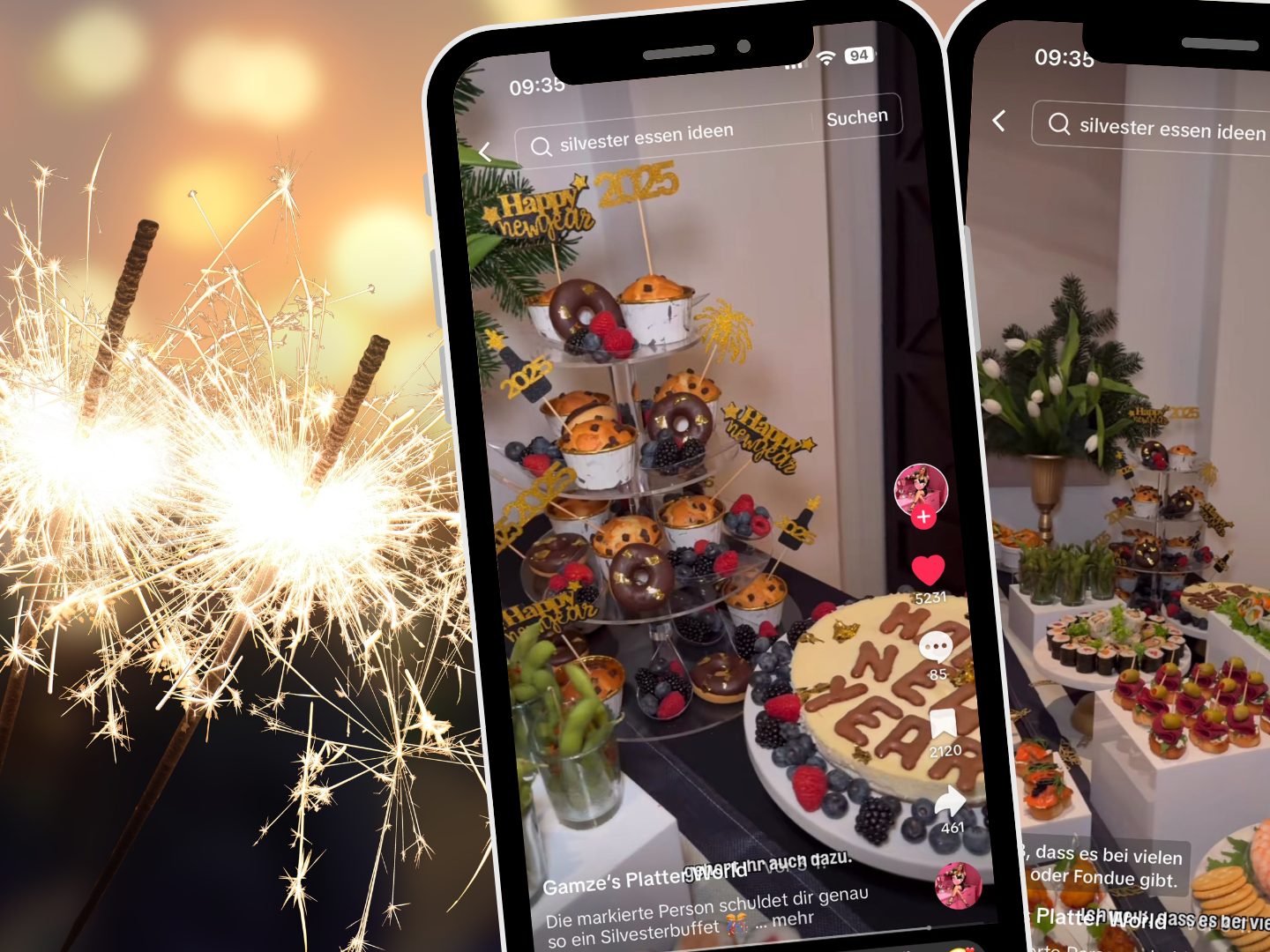 Ein TikTok-Video zeigt vielfältige Fingerfood-Ideen für Silvester, darunter Muffins mit Jahreszahlen, Käse-Trauben-Spieße und dekorative Shrimp-Cocktails. Ein TikTok-Video zeigt vielfältige Fingerfood-Ideen für Silvester, darunter Muffins mit Jahreszahlen, Käse-Trauben-Spieße und dekorative Shrimp-Cocktails.