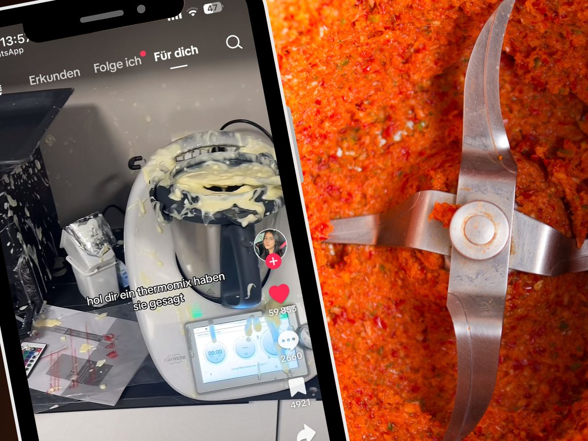 Ein TikTok-Video zeigt das Küchenchaos einer Frau, nachdem sie den Thermomix ohne den originalen Spatel benutzt hat und der Inhalt sich über die gesamte Küche verteilt hat.