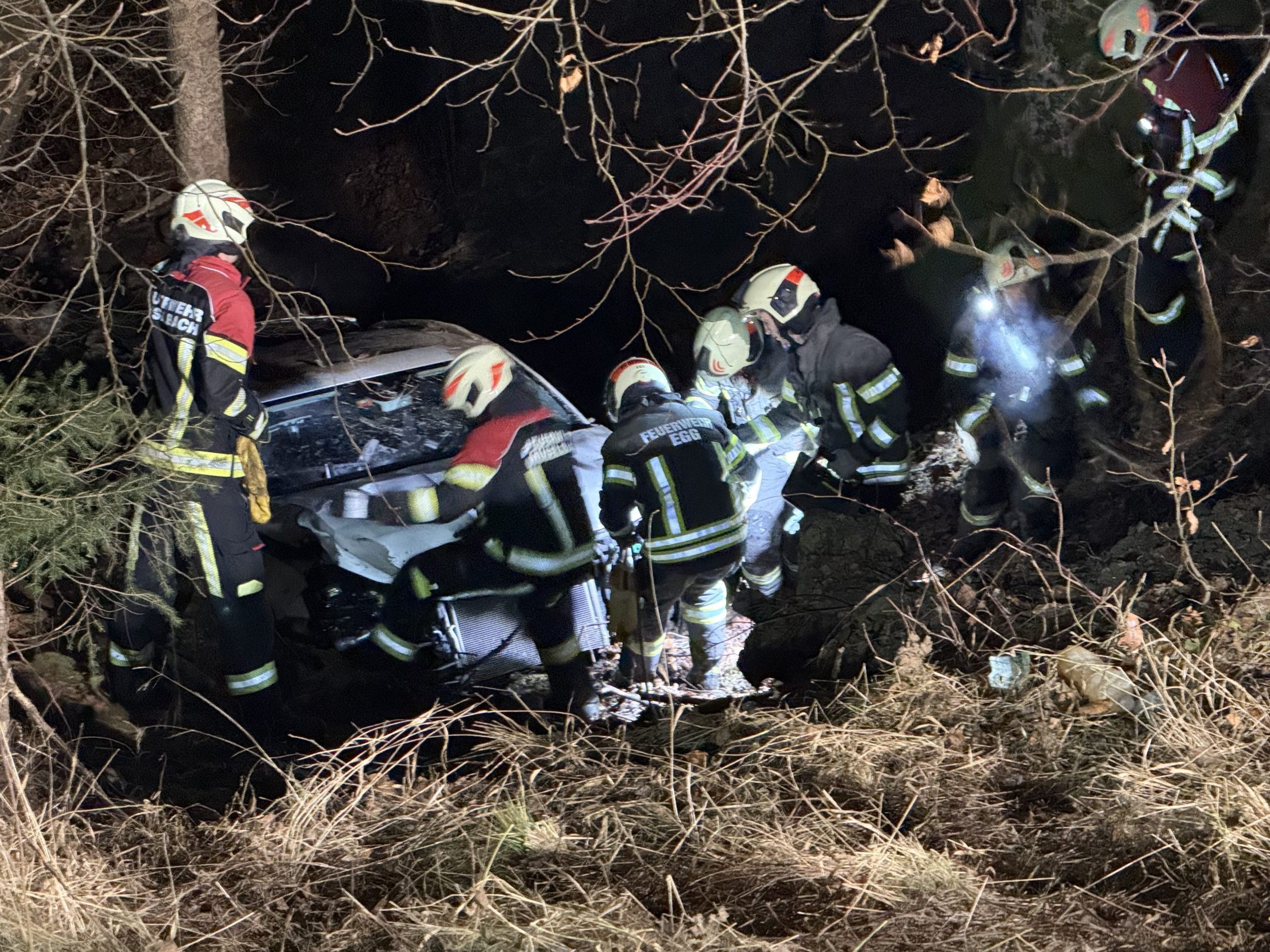 Die Feuerwehr zog den Pkw aus dem Waldstück. Die Feuerwehr zog den Pkw aus dem Waldstück.